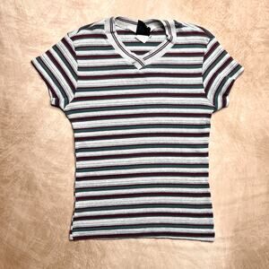 Vintage 90s Rush Striped Ribbed Short Sleeve Fitted T-Shirt V Neck Skater Indie